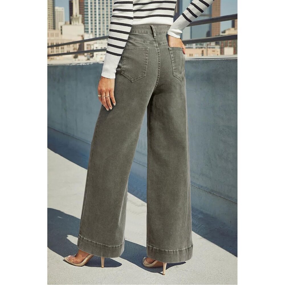 Women's Guacamole Casual High Waisted Stretch Button Wide Leg Loose Denim Jeans - Picture 6 of 6